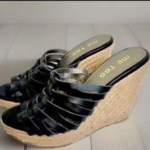 ME TOO Wedges Womens Size 6 Black Leather Hutch Espadrille Slide On Sandals EUC